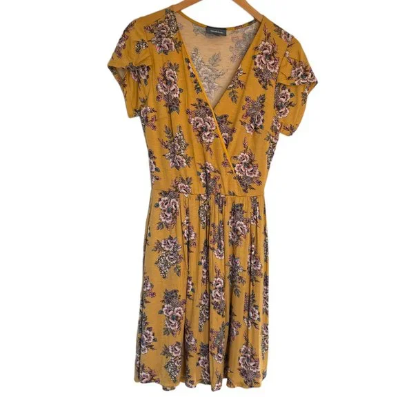 mustard fit and flare dress Women Mustard Yellow & White Floral Printed Square Neck Tie-Up Front  Straight Hem Smocked Fit & Flare Midi Dress main image 1